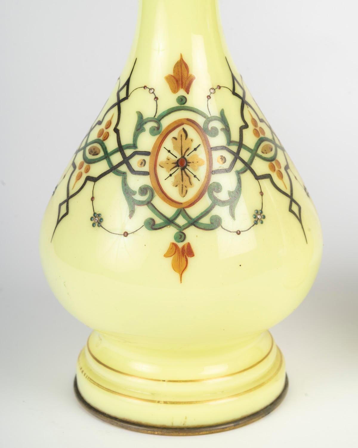 Pair Of Oil Lamps, Painted Opaline Glass With Crystal Shades, 19th Century. photo furniture