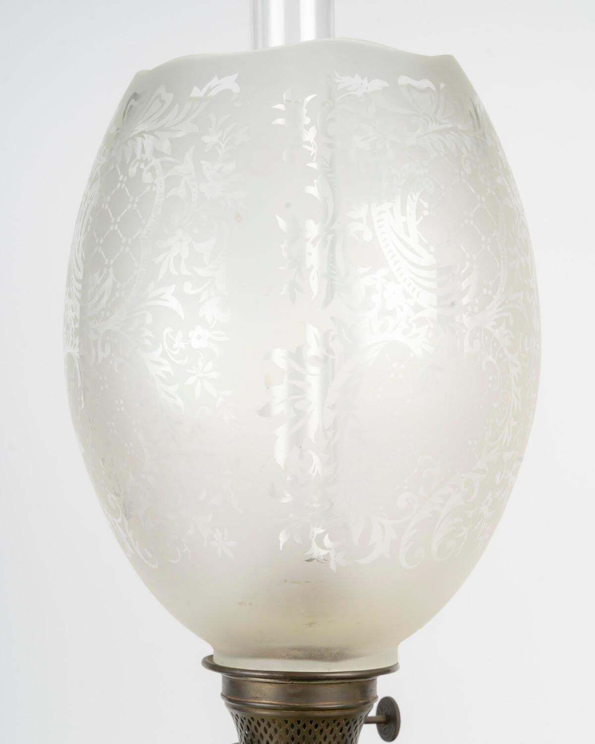 Pair Of Oil Lamps, Painted Opaline Glass With Crystal Shades, 19th Century. photo 4585.0