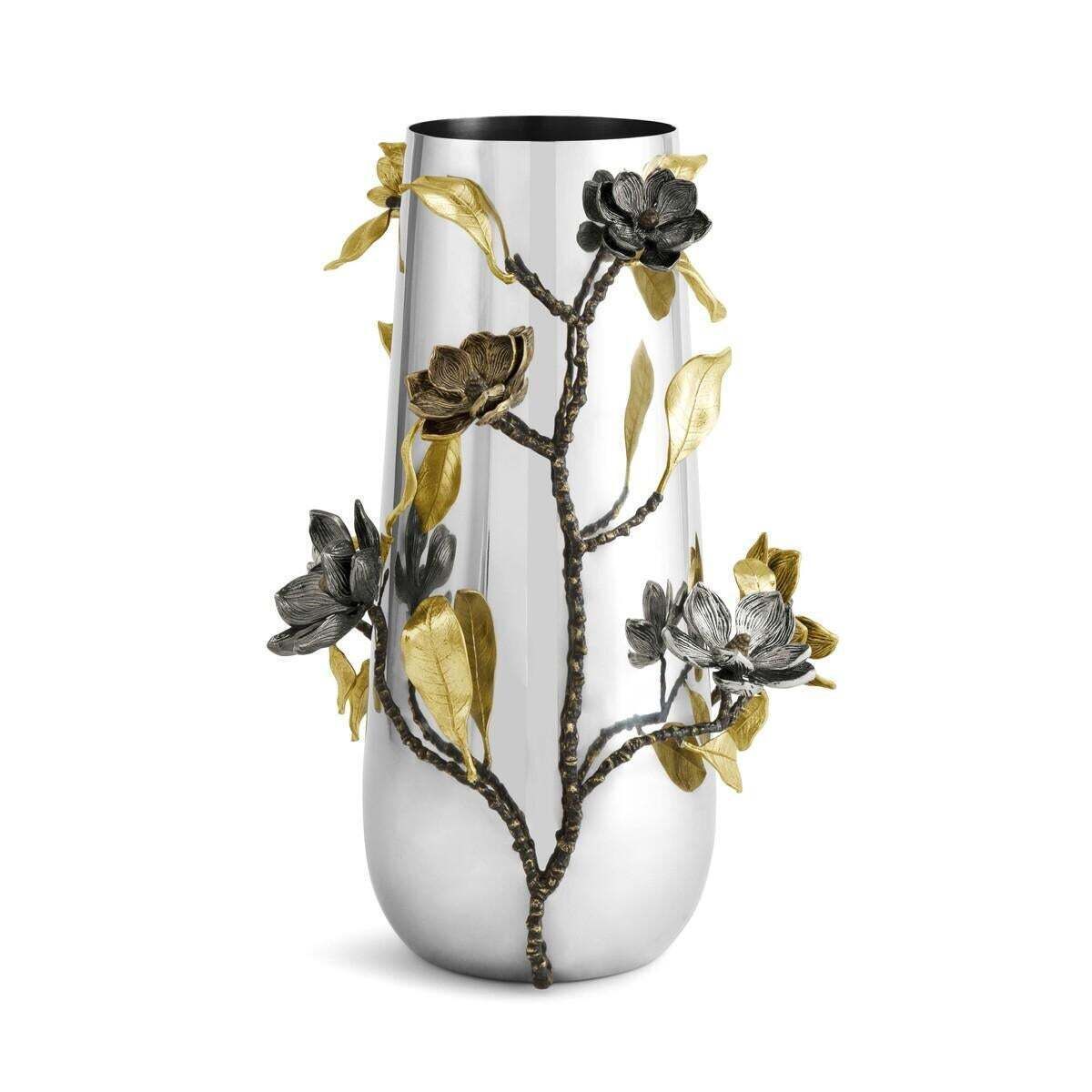 Pair Of Floral Silver & Gold Metal Centerpiece Vase photo vinterior