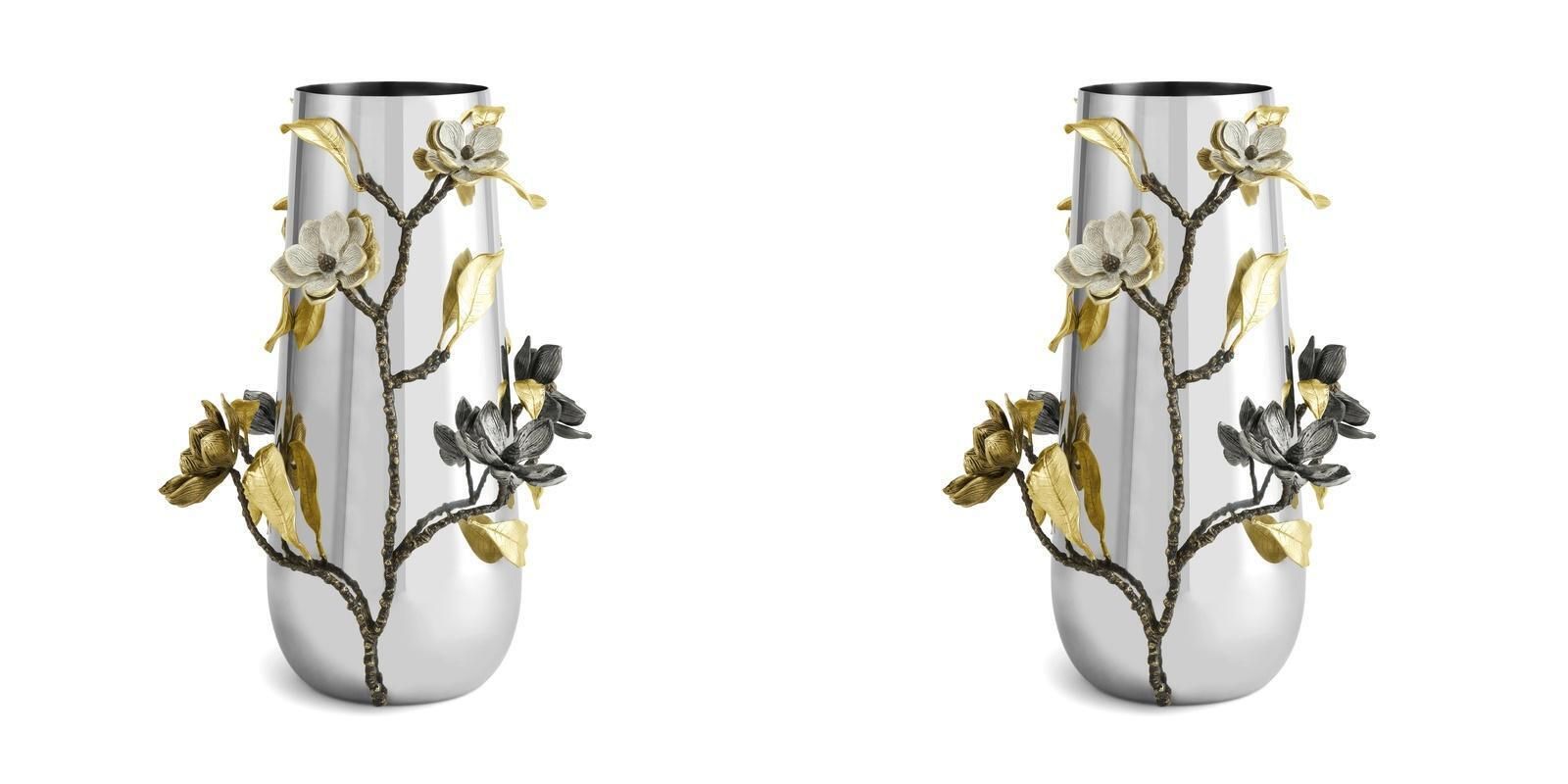 Pair Of Floral Silver & Gold Metal Centerpiece Vase photo buy