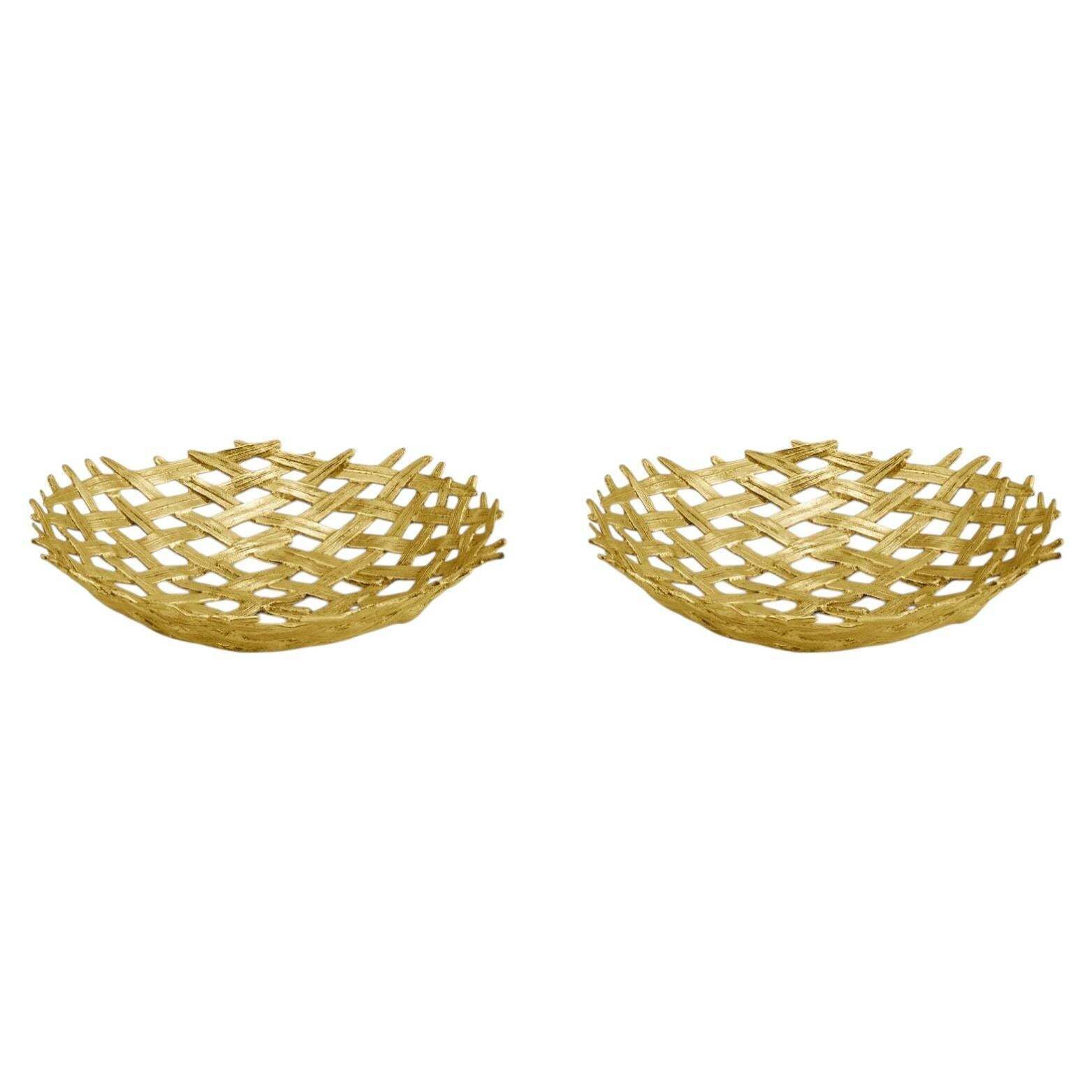 Pair Of Contemporary Gold Metal Palm Weave Decorative Centerpiece Bowl