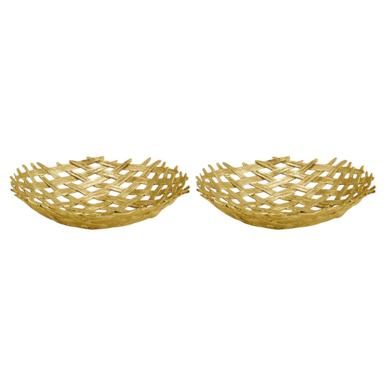 Pair Of Contemporary Gold Metal Palm Weave Decorative Centerpiece Bowl photo buy