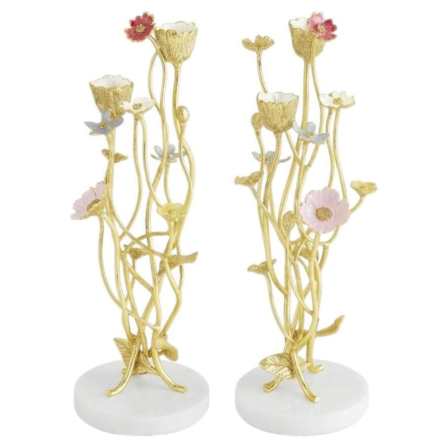 Pair Of Contemporary Gold Tone Metal Wildflower Candleholders Set