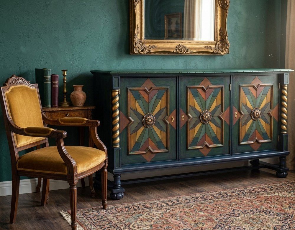 Ambachtelijk handgeschilderd dressoir met geometrische sterinleg en vergulde details photo furniture