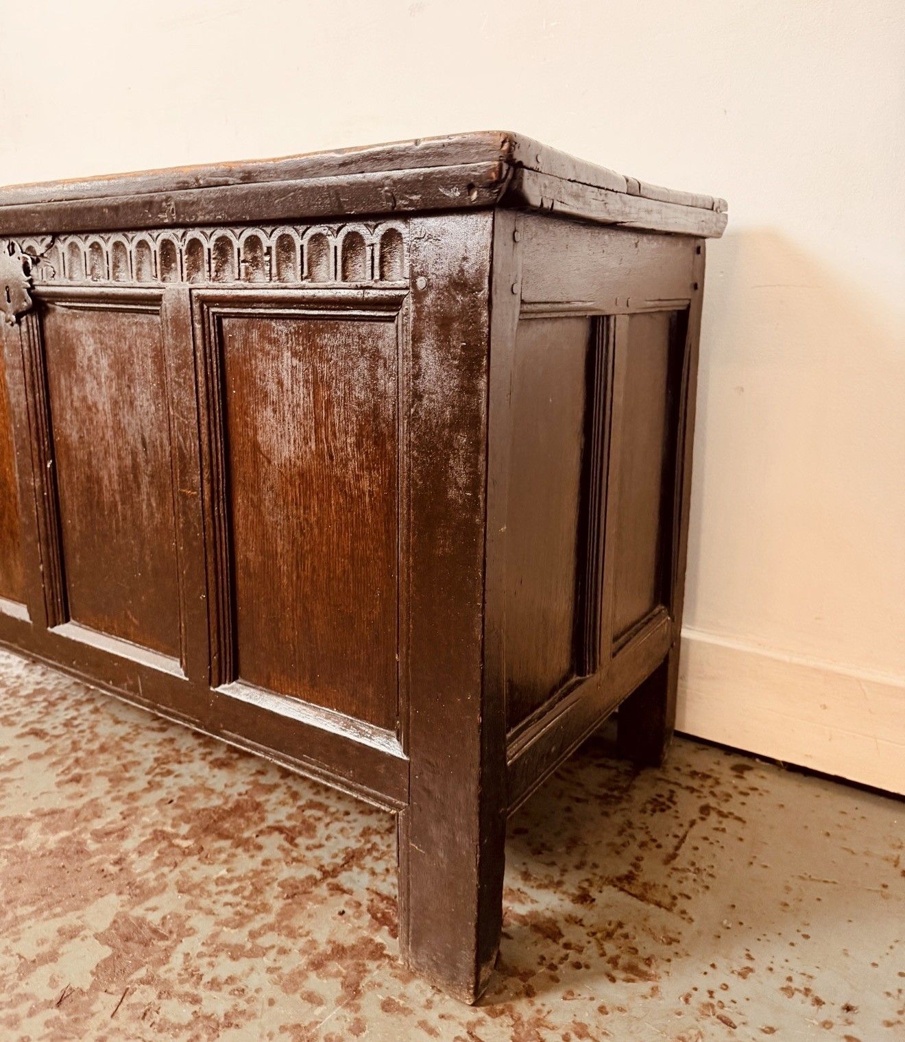 A Rare & Beautiful 320 Year Old James II Antique Oak Panelled Coffer C1690 photo vintage