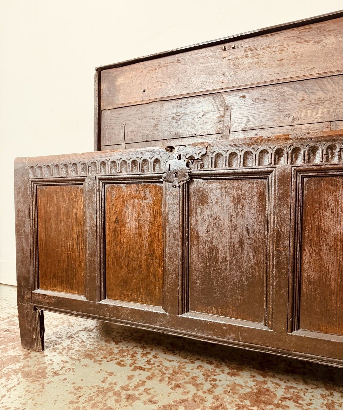 Furniture A Rare & Beautiful 320 Year Old James II Antique Oak Panelled Coffer C1690 photo