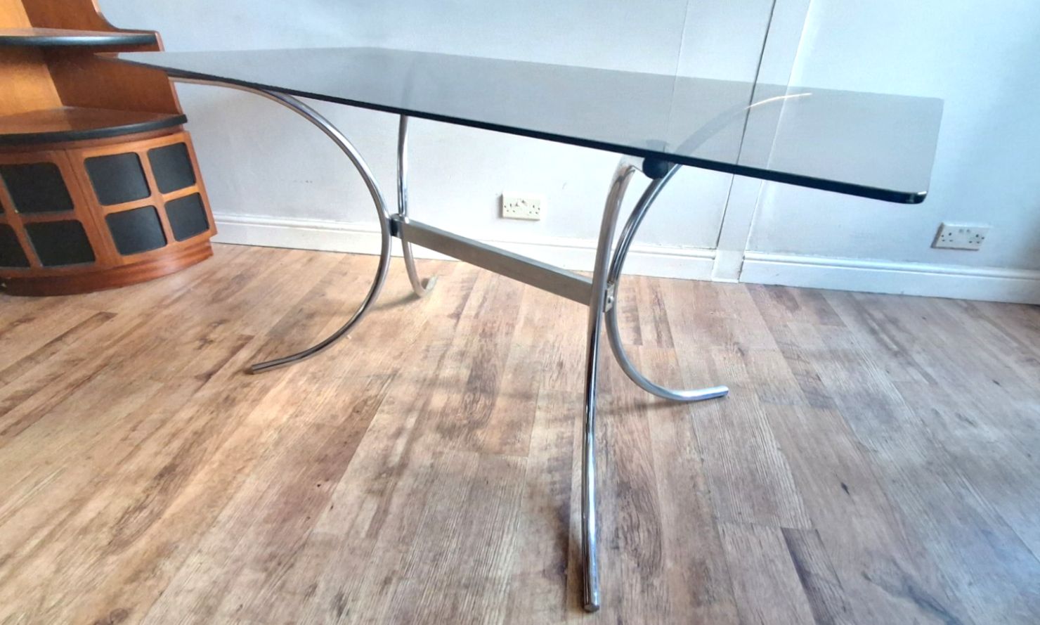 Original 1970's Italian Chrome & Smoked Glass Mid Century Dining / Kitchen Table photo vinterior