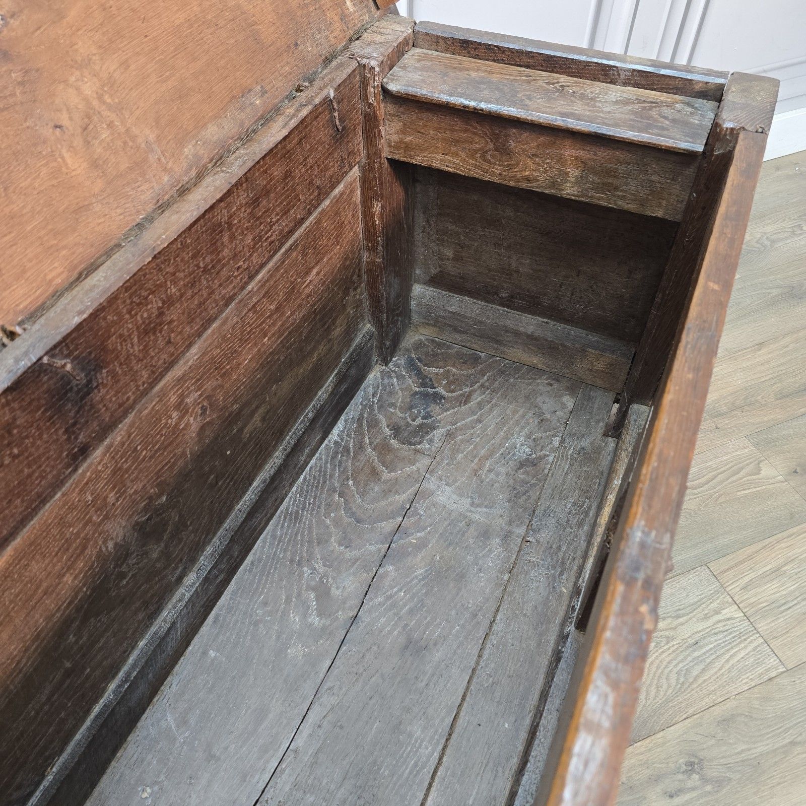 630.0 Antique Oak Coffer Trunk Panelled Blanket Box Chest 18th Century Solid Wood photo
