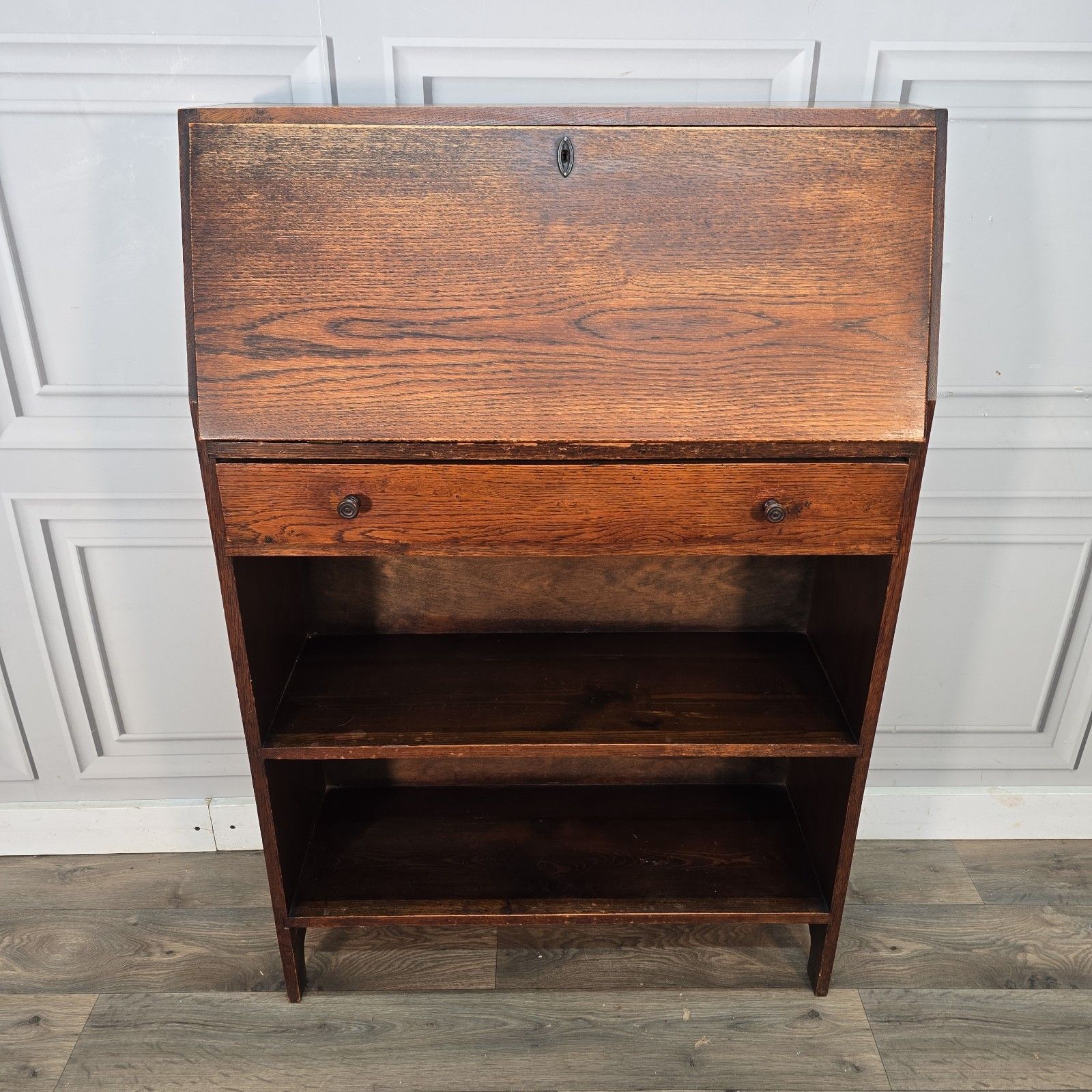 photo vinterior Antique Oak Bureau Bookcase Narrow Fall Front Students Writing Desk Solid Wood