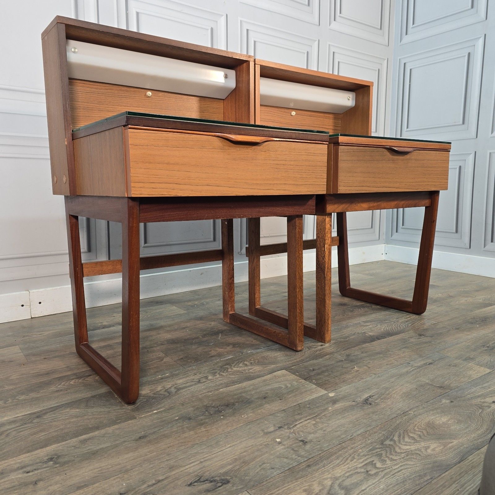 photo buy Pair Mid Century Bedside Cabinets Tables Teak Effect Retro Vintage Nightstands