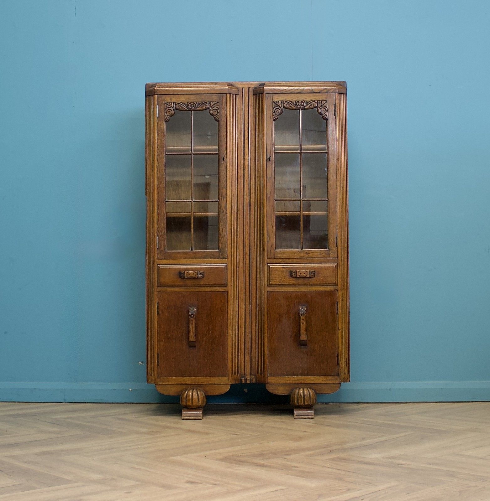 Vintage Oak Art Deco Glazed Bookcase Display Cabinet, 1930s #1779