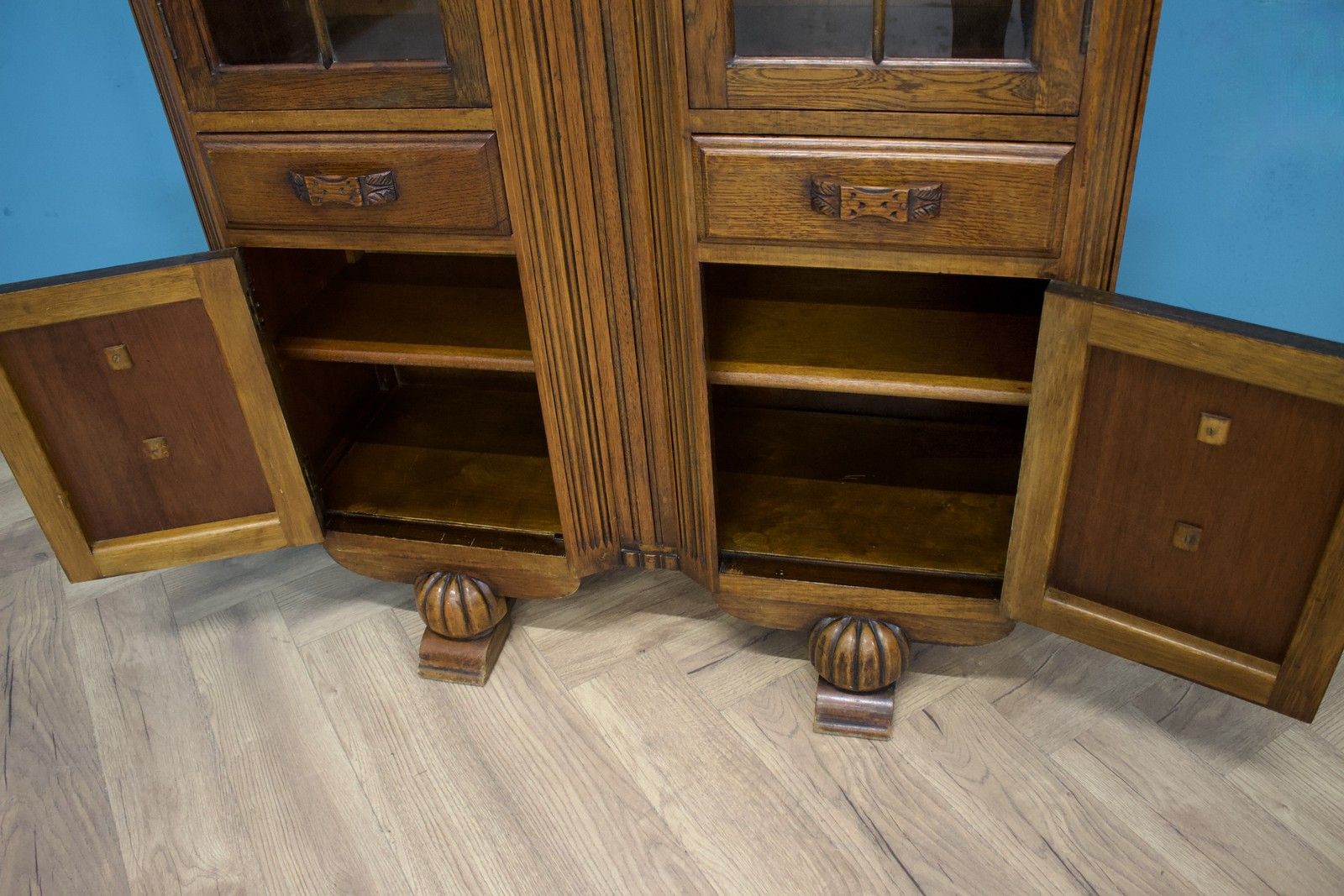 photo for sale Vintage Oak Art Deco Glazed Bookcase Display Cabinet, 1930s #1779