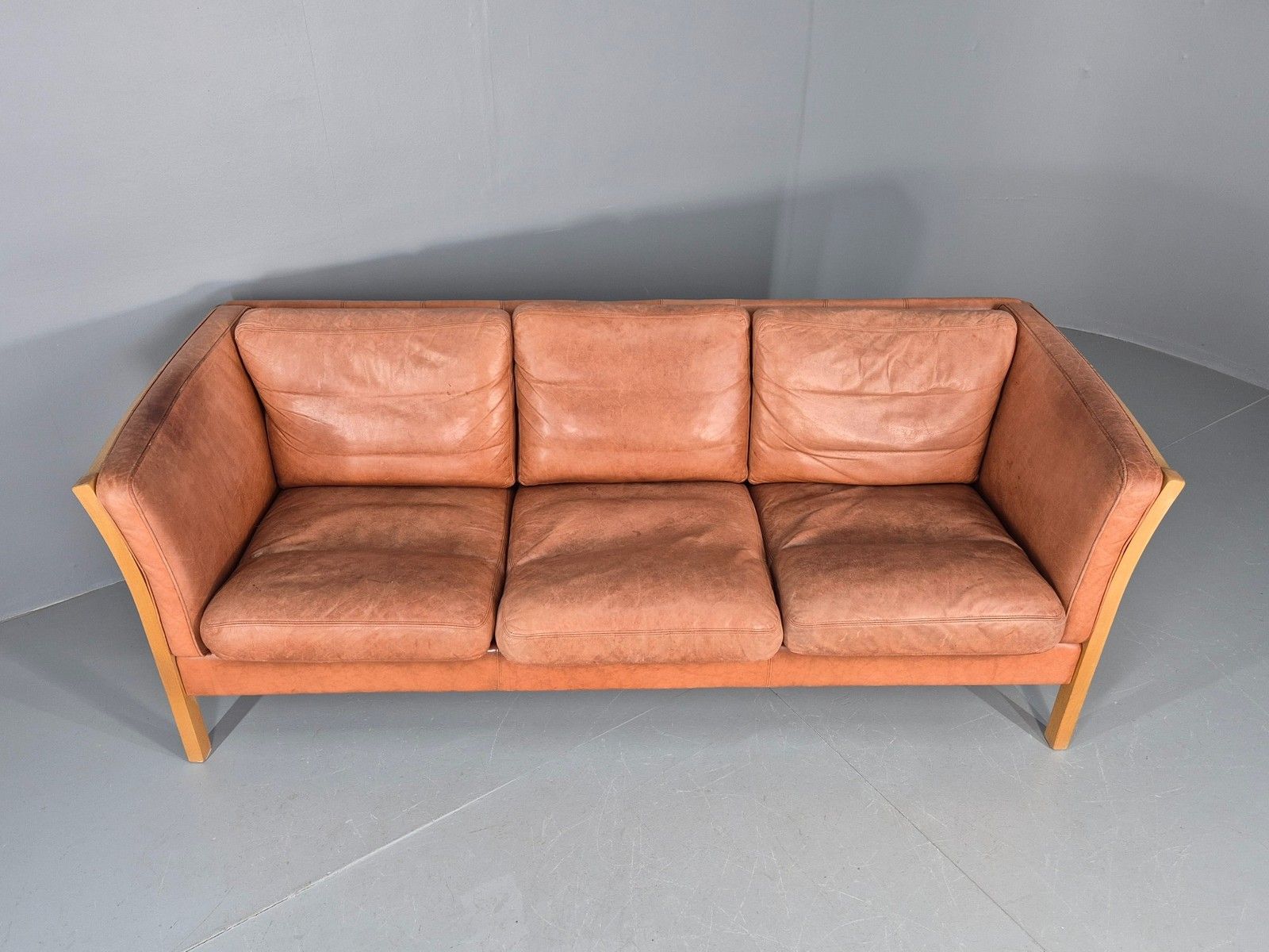 Vintage 3 Seater Sofa Tan Leather Stouby Style 1980s Retro Mcm Eb10104 photo Furniture
