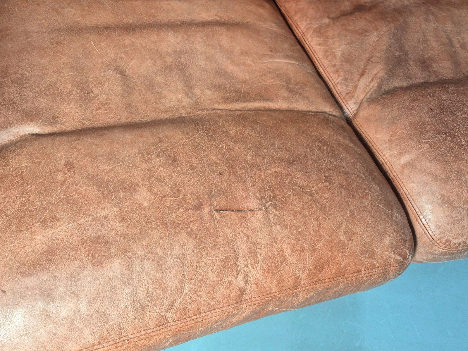 Furniture Vintage 3 Seater Sofa Tan Leather Stouby Style 1980s Retro Mcm Eb10104 photo