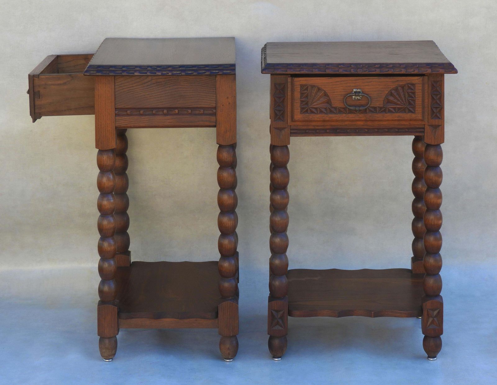 Pair Of Neo Basque Carved Oak Single Drawer Night Stands C1930s France photo 2498.0