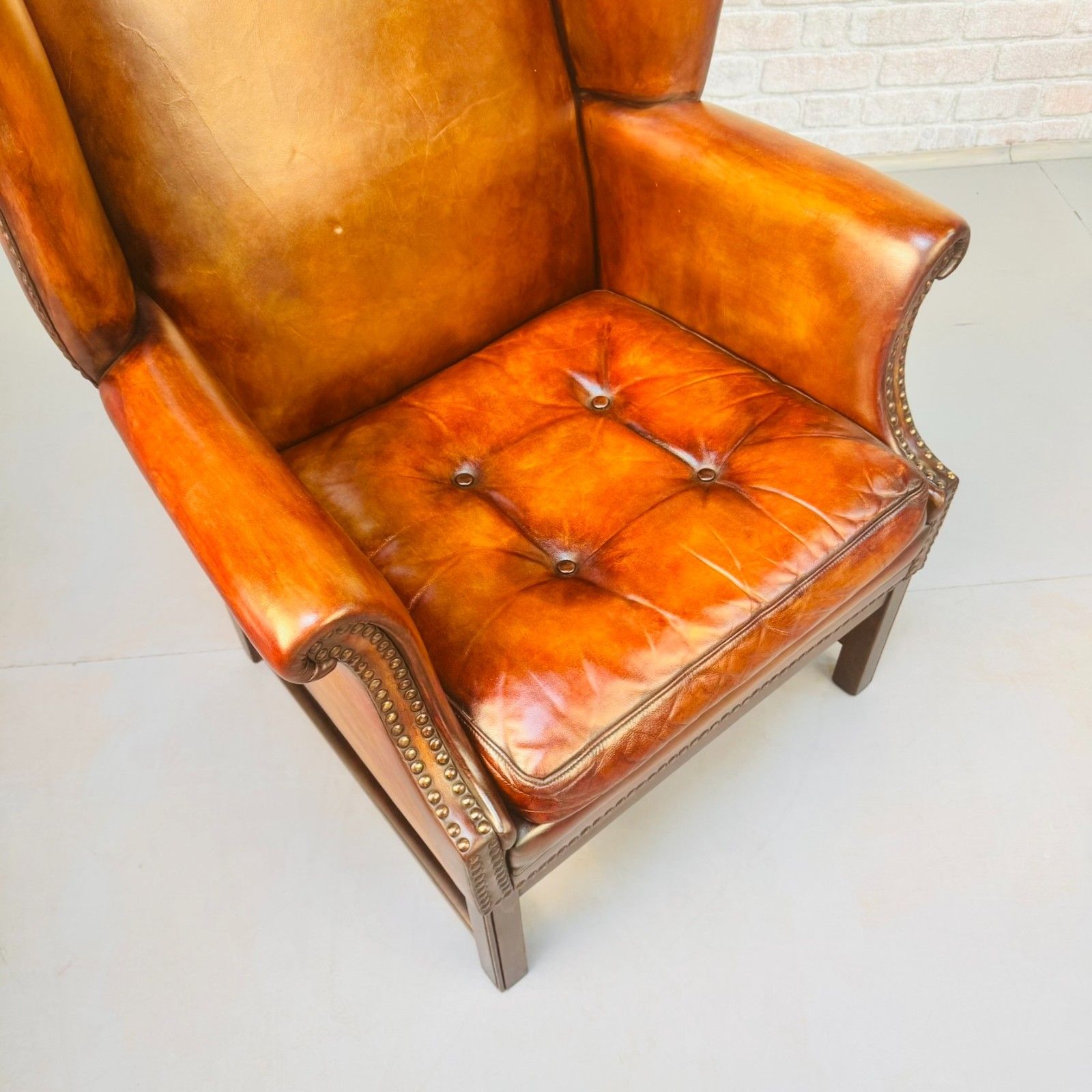 Neat Vintage Danish Leather Wingback Chair – Hand Dyed Tan Colour photo 985.0