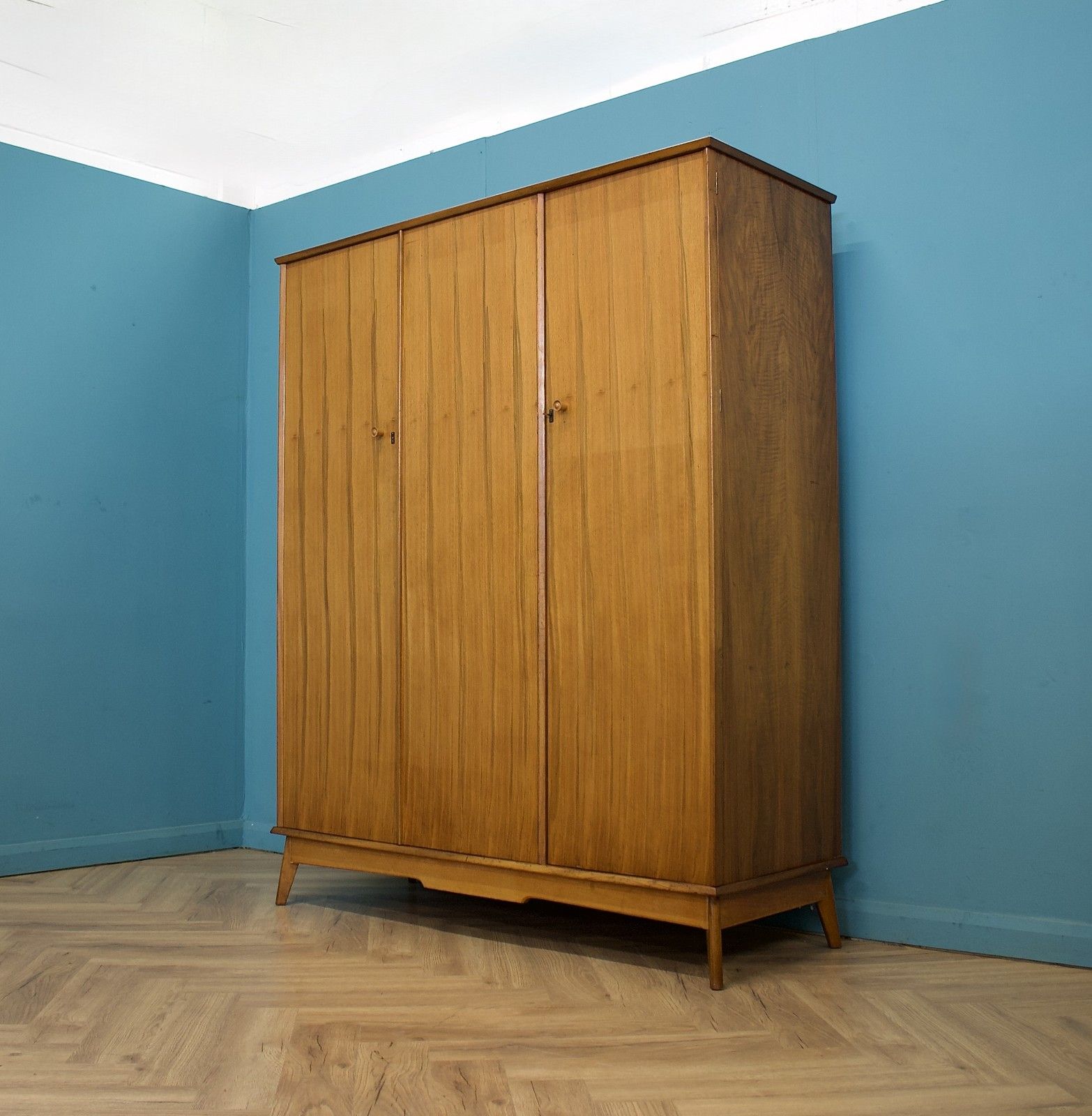 Mid Century Walnut Triple Door Wardrobe From Alfred Cox , 1950's, #1781 photo for sale