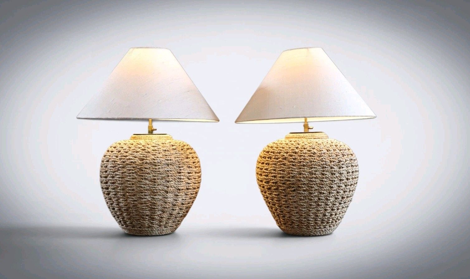 Stunning Pair Large Lombok Natural Rattan Woven Table Lamps Pure Silk Shades