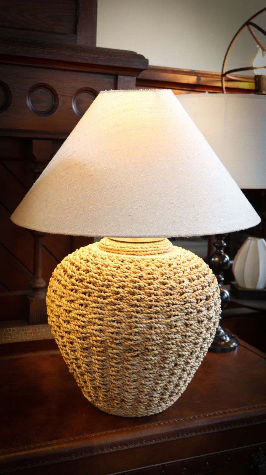 Stunning Pair Large Lombok Natural Rattan Woven Table Lamps Pure Silk Shades photo 1200.0