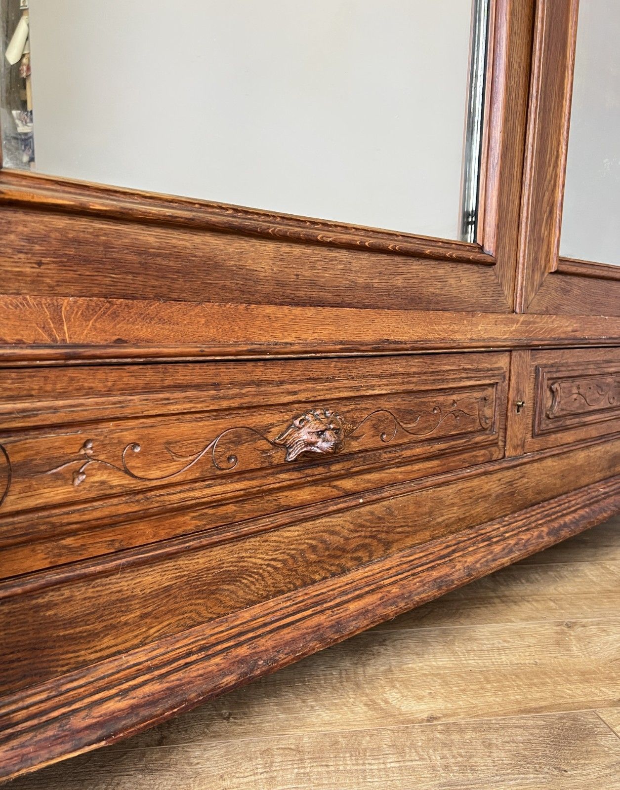 Wardrobe Antique French Oak Two Door Mirrored Carved Armoire Cabinet Lot 6124 photo vintage