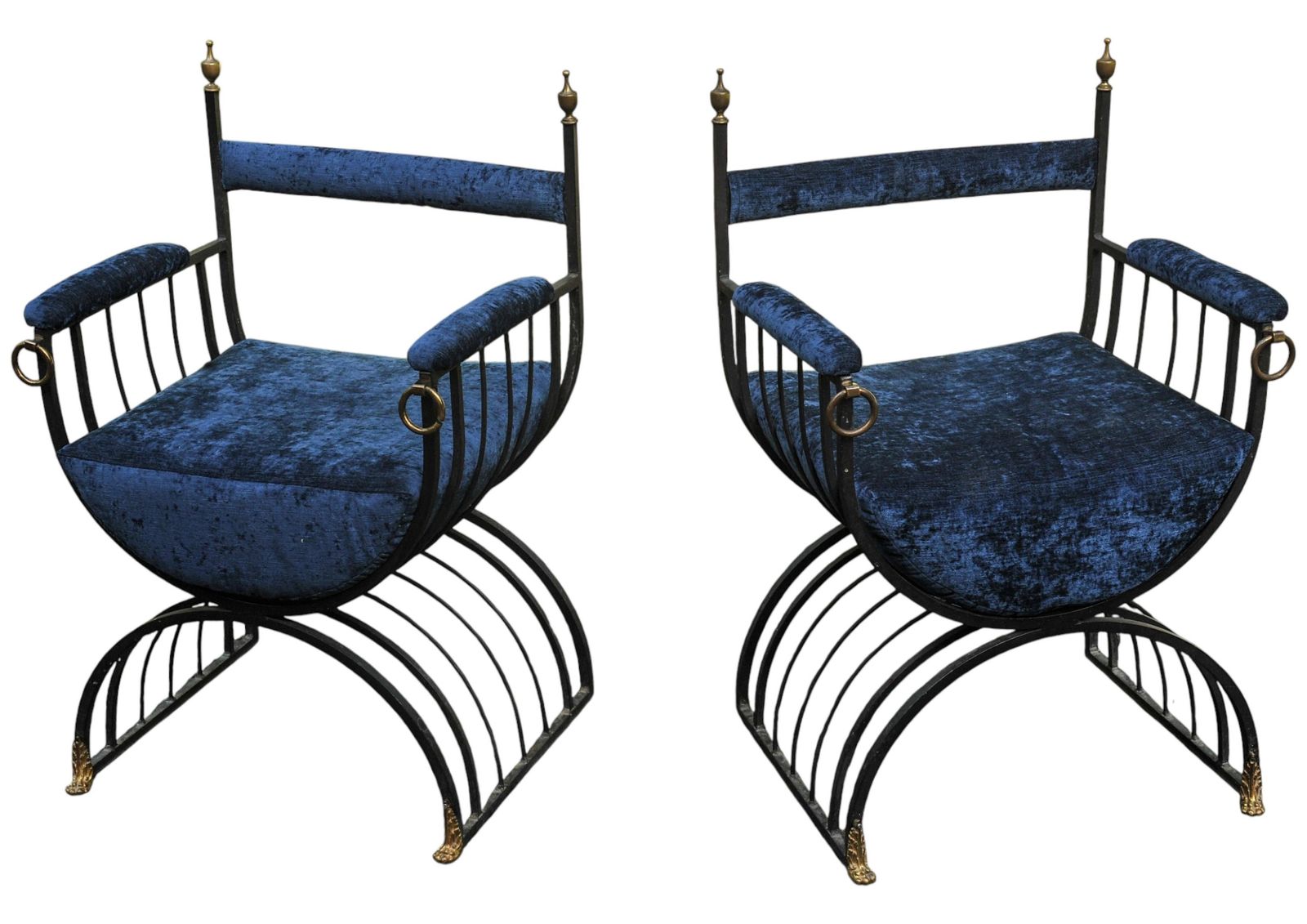 Pair Of Mid Century Savonarola Chairs With Blue Velvet Upholstery photo furniture