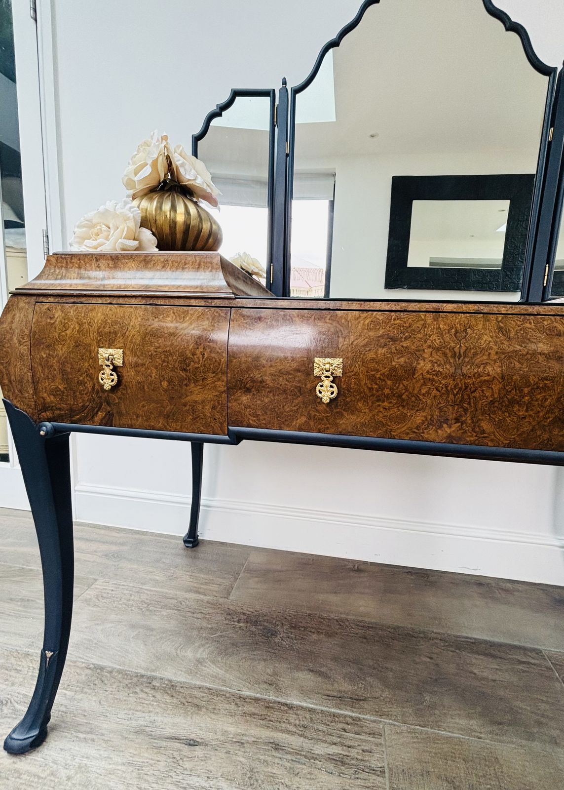 Art Deco Walnut Burr And Navy Dressing Table photo vintage