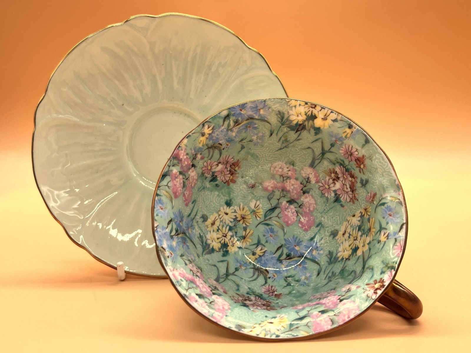 Vintage Shelley Melody Chintz Oleander Shape Tea Duo. Ca. 1945-66. 13412.