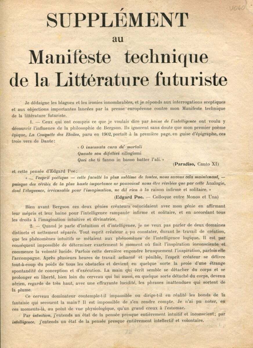 Supplément Au Manifeste Technique De La Littérature Futuriste Italy 1914