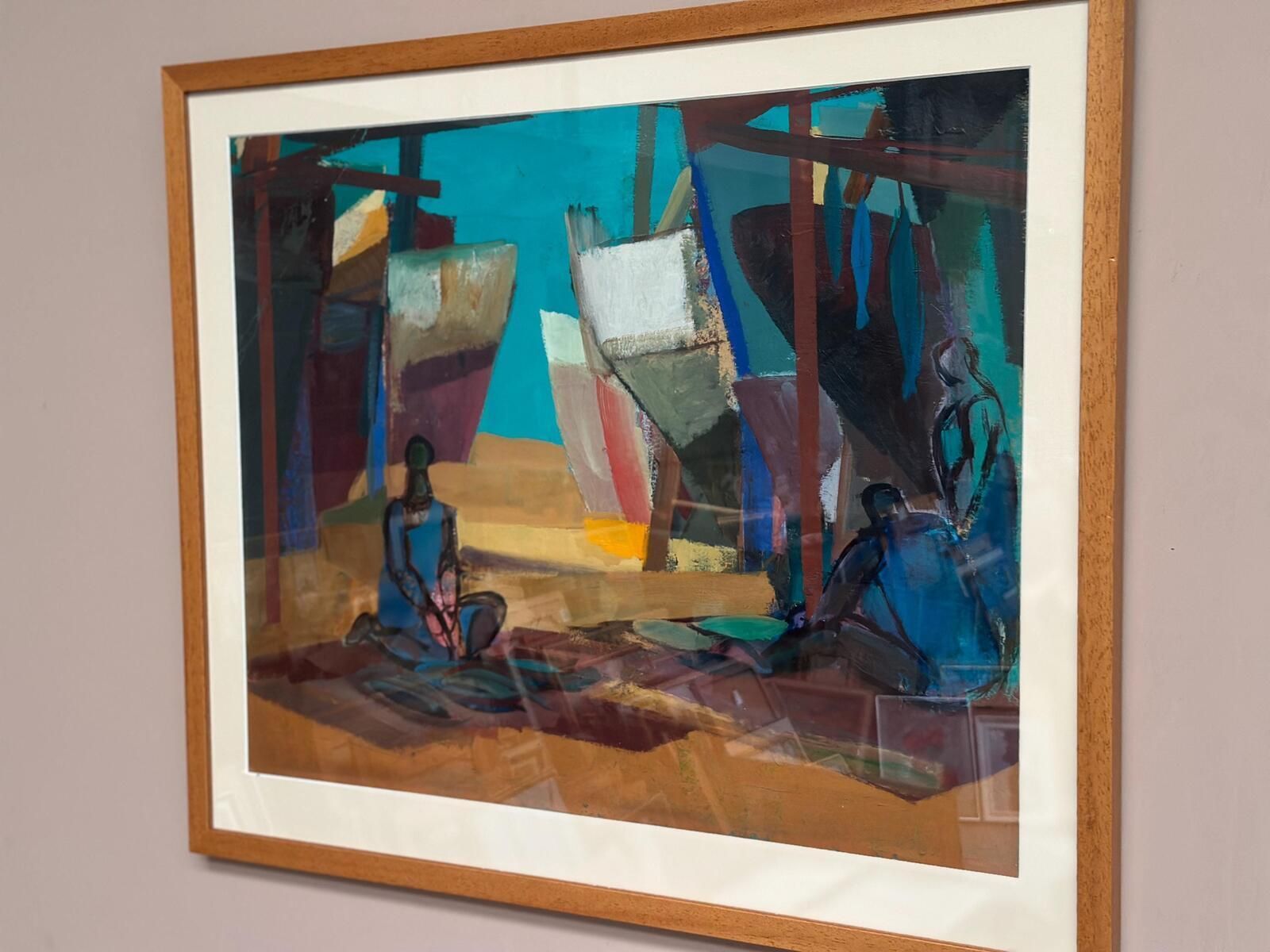 Original Swedish Oil On Cardboard – “Figures” – Signed – Vintage & Framed – 71 × 61 Cm (28" × 24") photo furniture