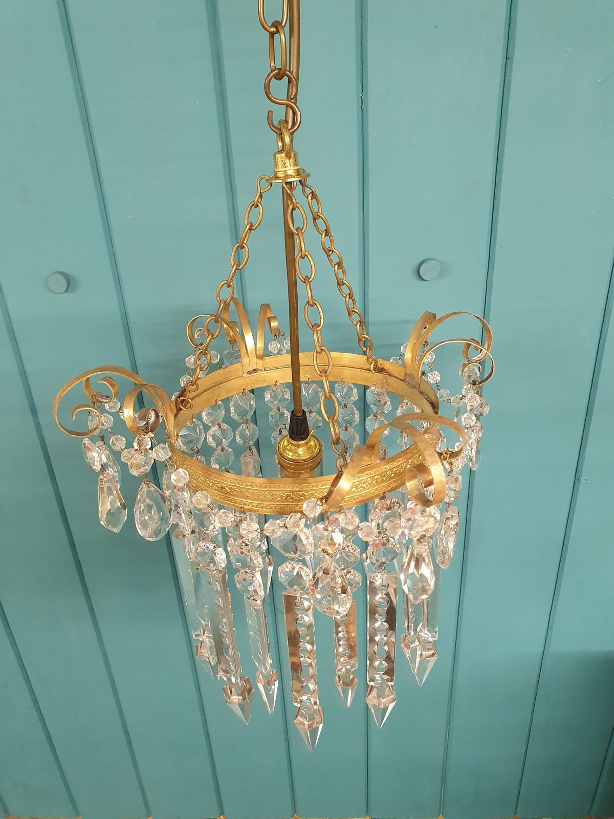 Antique Brass & Cut Glass Spike Chandelier 12" photo vintage