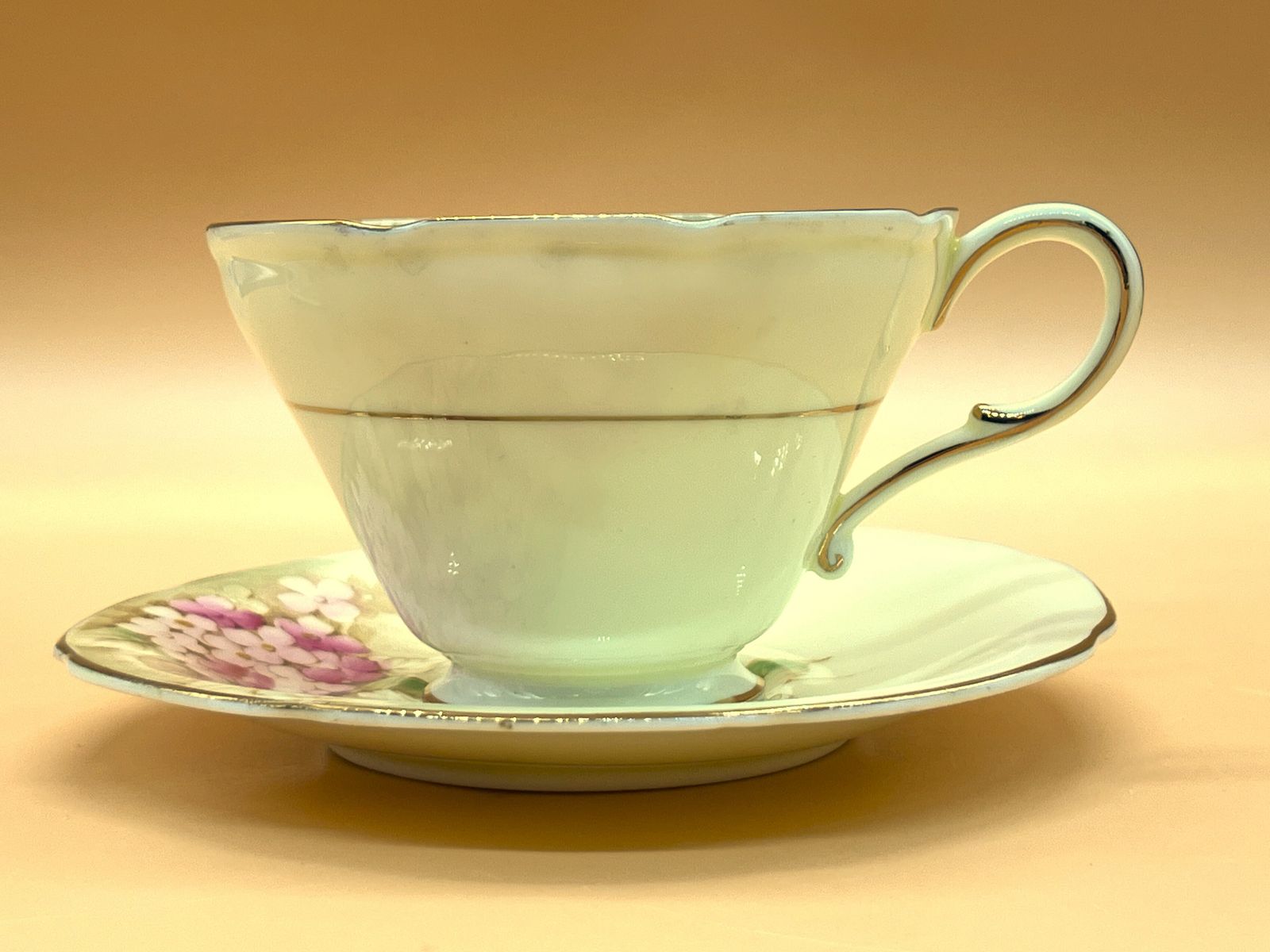 photo furniture Paragon Double Warrant Queen Mary Pink Yellow Hydrangea Chintz Cabinet Cup & Saucer Duo.