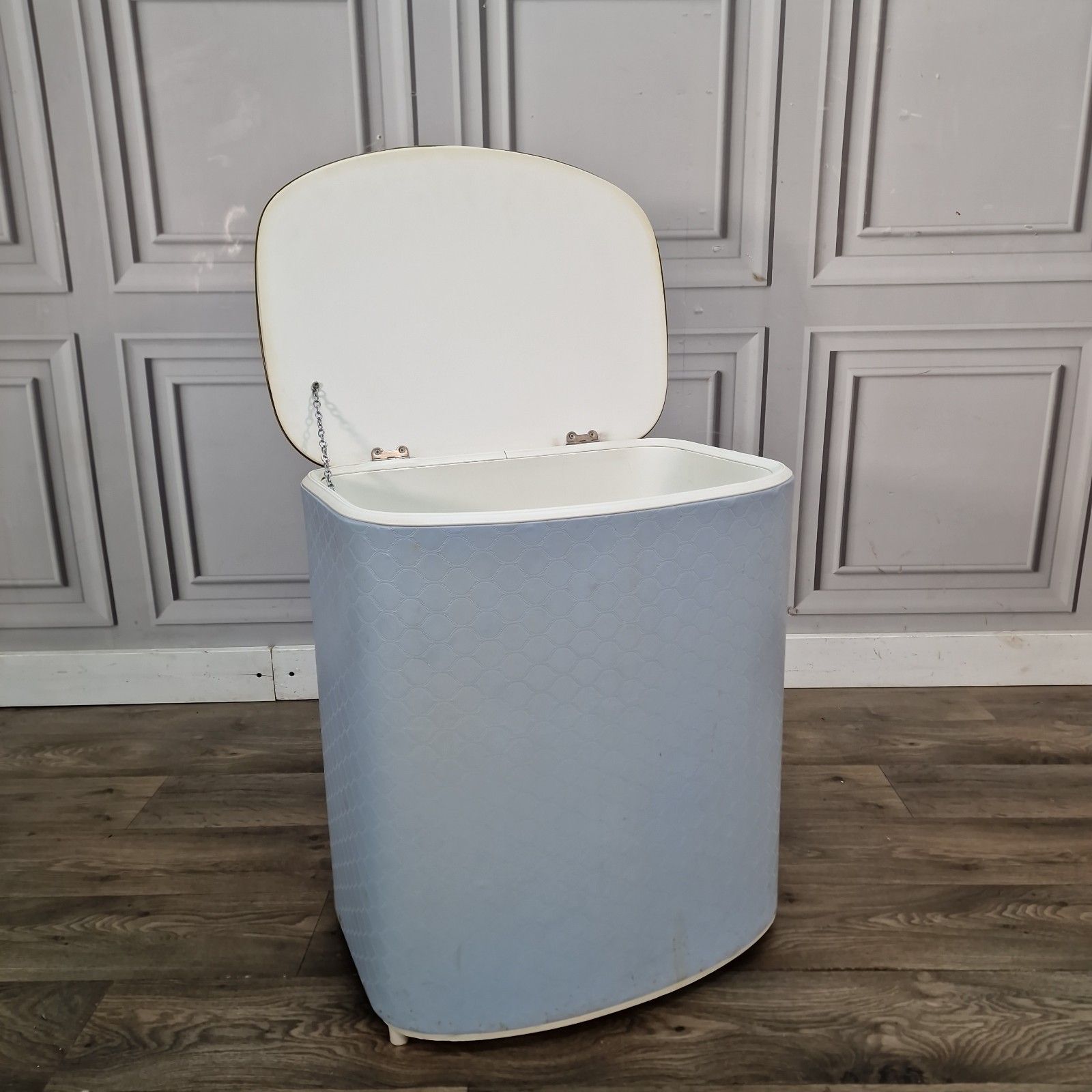 Retro Vintage Laundry Bin Quilted Vinyl Linen Basket Ottoman Storage Box Mcm photo Furniture
