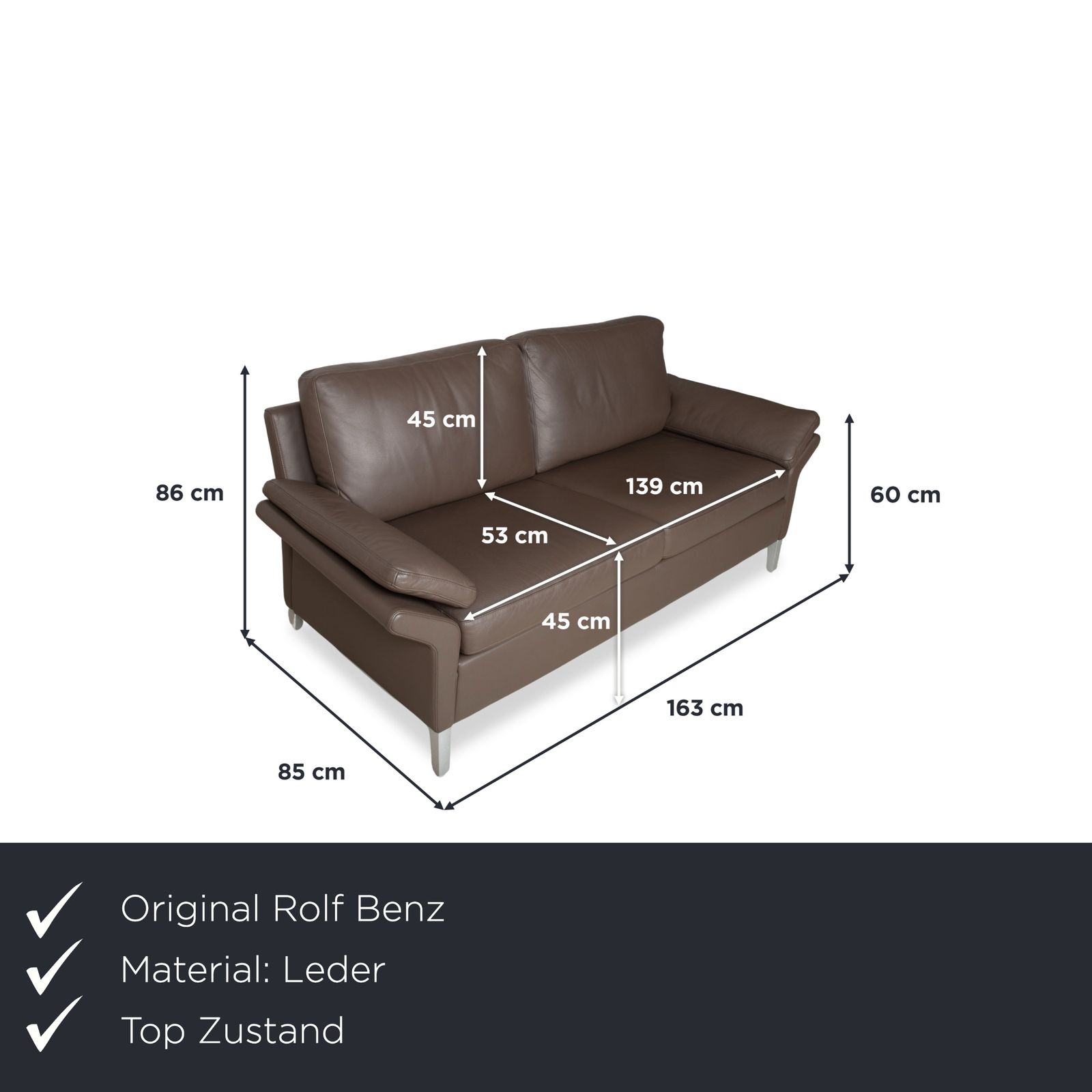 Canapé 2 places en cuir Rolf Benz 3300, brun gris photo furniture