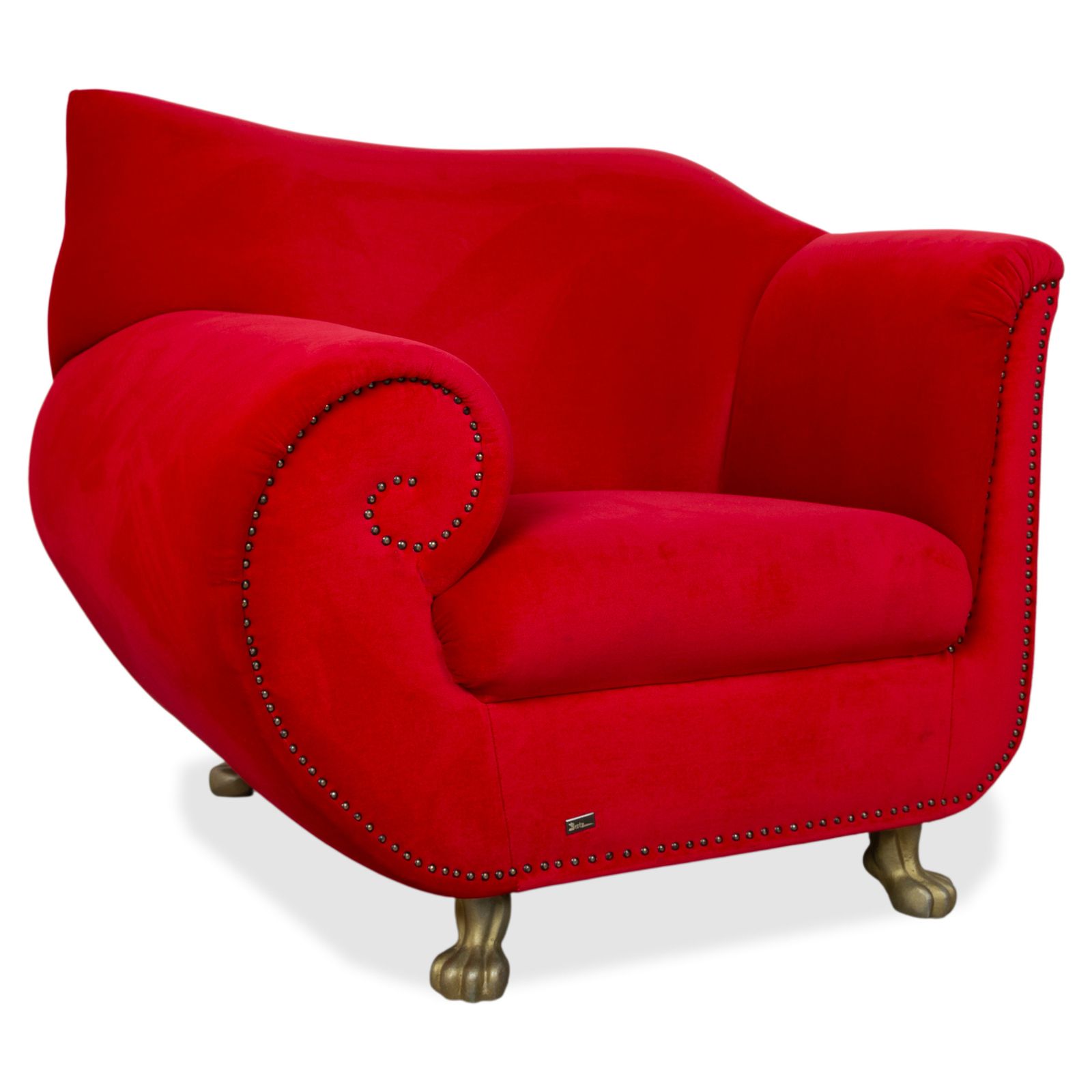 Bretz Gaudi fauteuil, fluwelen bekleding, rood, leeuwenpoten, goud