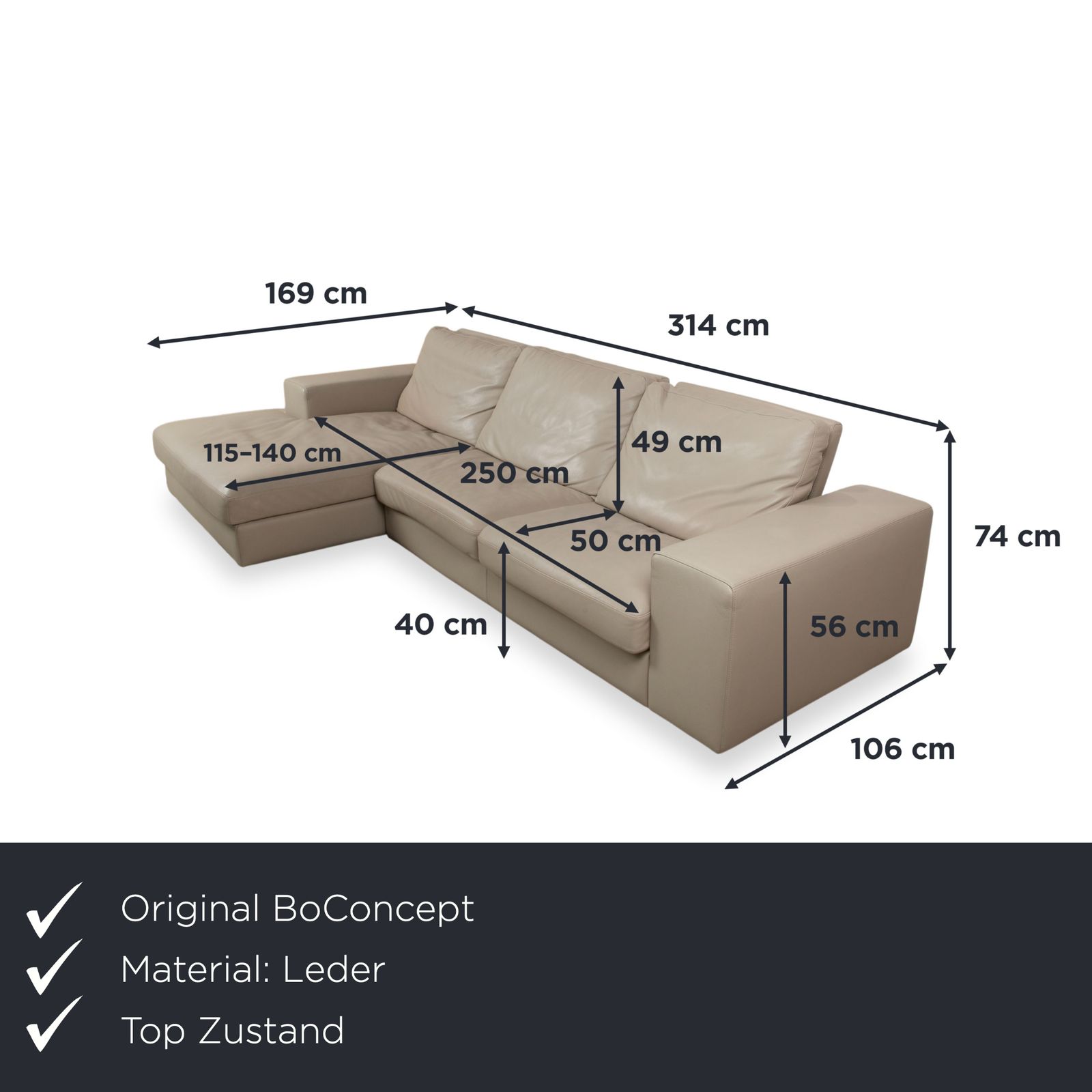 Canapé d'angle BoConcept Cenova en cuir beige crème, fonction manuelle photo furniture