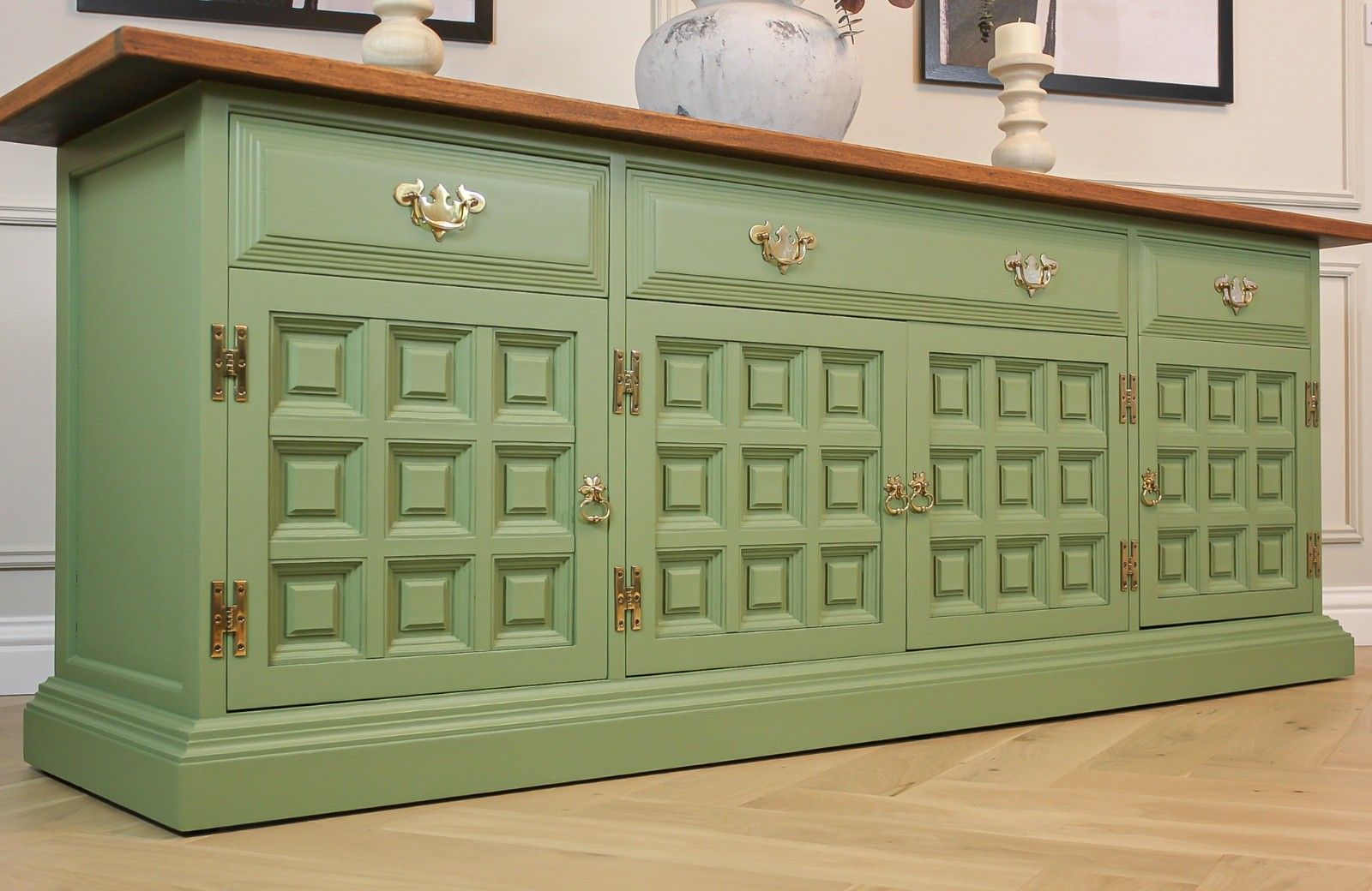 Large Antique Mid Century Solid Oak Sideboard Dresser Console Table Showhome photo furniture