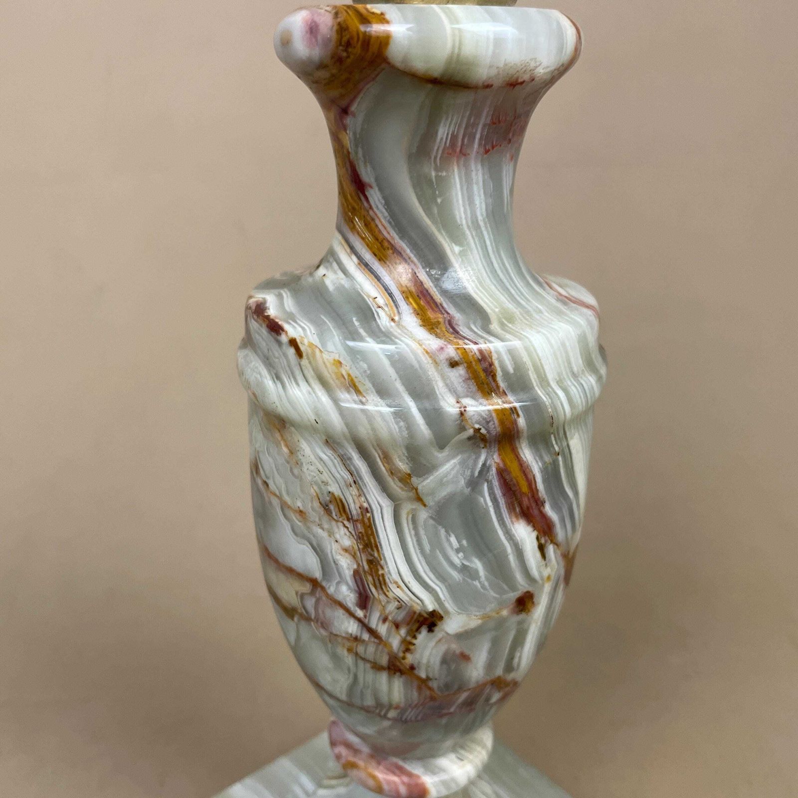 Green Solid Marble Lamp Light Bedside Brass Gold Metal Base Marbled Pattern Heavy Classic Column Natural Stone Antique Vintage Side photo for sale