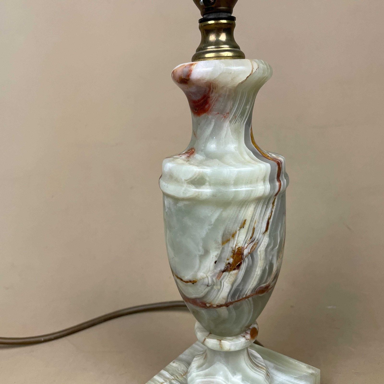Green Solid Marble Lamp Light Bedside Brass Gold Metal Base Marbled Pattern Heavy Classic Column Natural Stone Antique Vintage Side photo vinterior