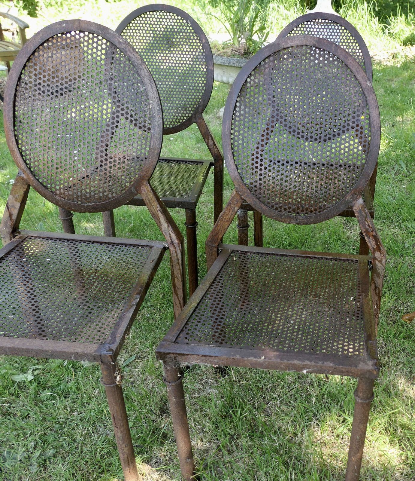 Set Of 4 Brutalist Style Iron Stacking Dining/Garden Chairs Great Pieces photo for sale