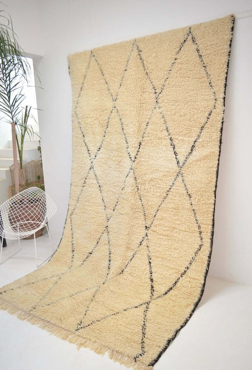 Vintage Beni Ourain Plush Moroccan Rug 6’3” X 10’10” Hand Knotted Pure Wool Lozenge Berber Elegance Eames Le Corbusier photo furniture