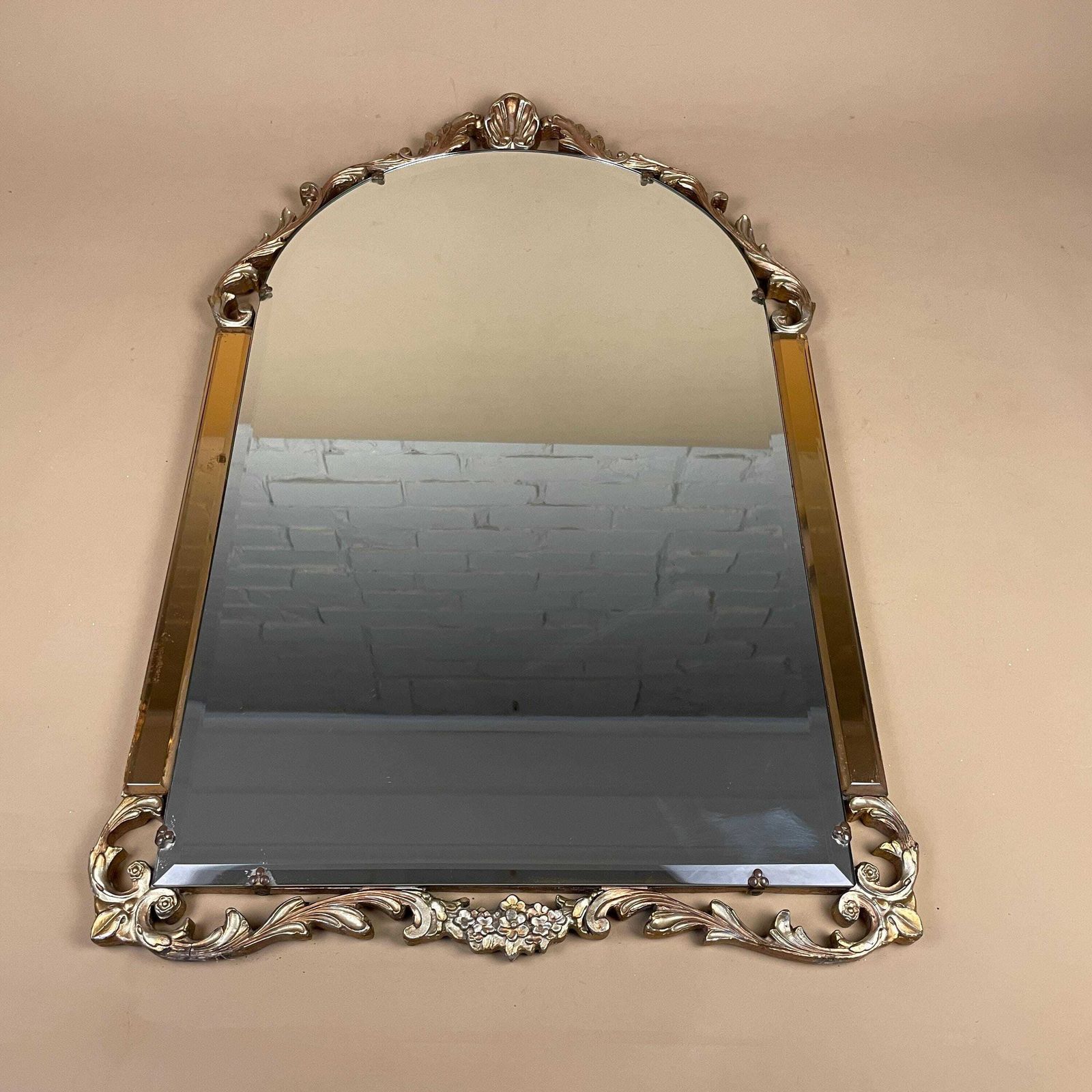 photo for sale Vintage Atsonea Gold Wall Mirror Amber Bevelled Glass Arched Ornate Art Deco Hollywood Regency