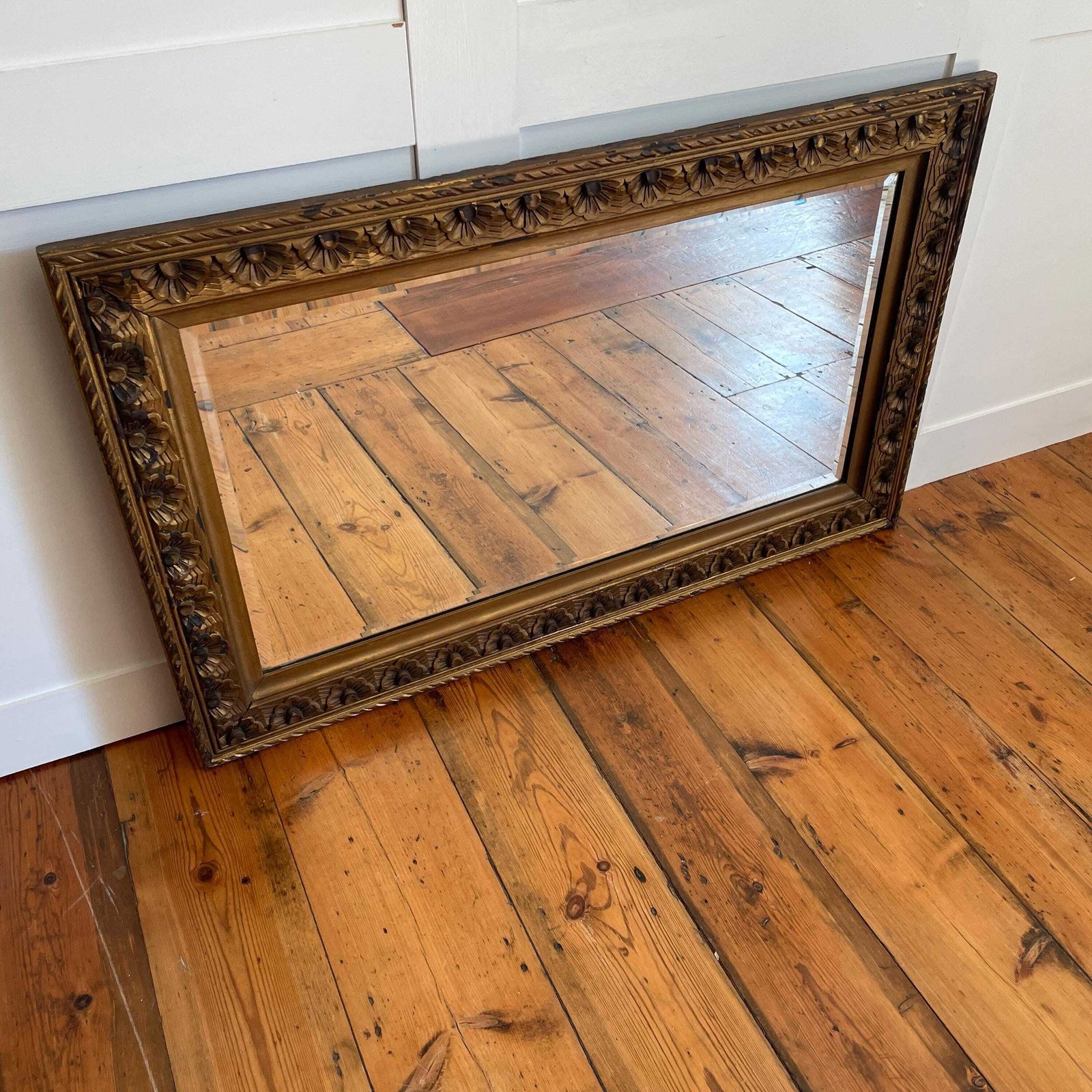 Gold Floral Wooden Mirror Large Vintage Carved Wall Mirror Ornate Rectangular Frame Indian Style Entryway Lounge Accent photo vinterior