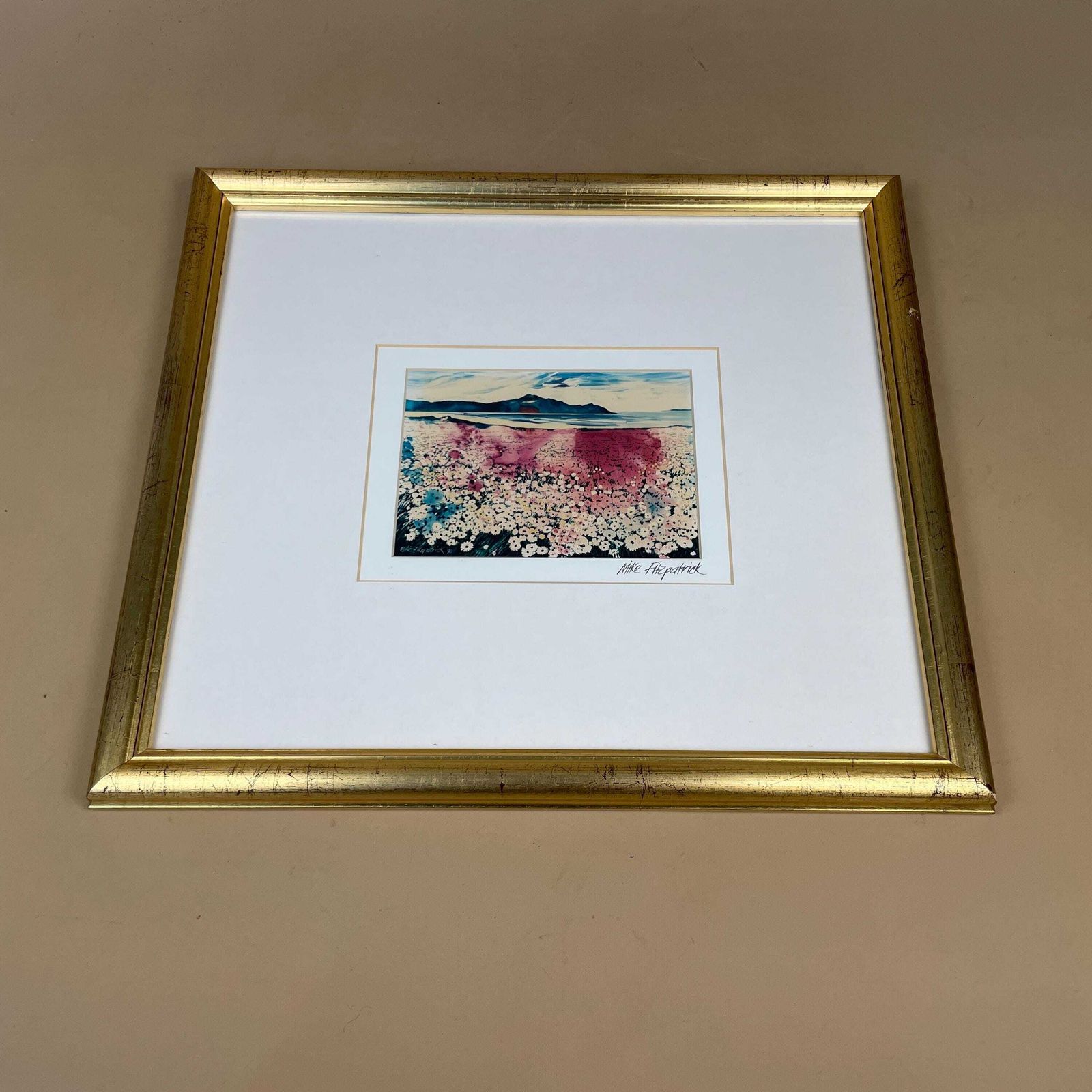 Cape Town Landscape Print Signed Mike Fitzpatrick 1993 Floral Field Framed Gold Wall Art South Africa Travel Art Collectible photo for sale