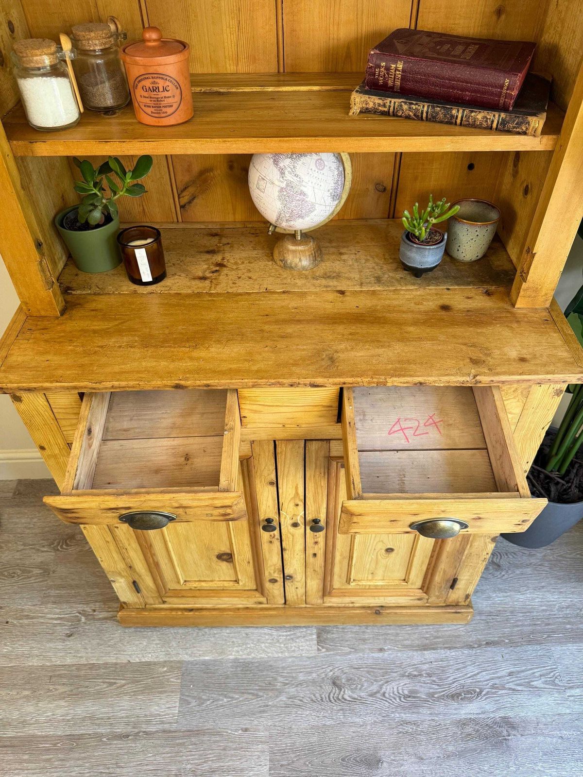 Antique Pine Dresser Sideboard With Shelving And Drawers – Rustic Farmhouse Cabinet Pantry photo 950.0