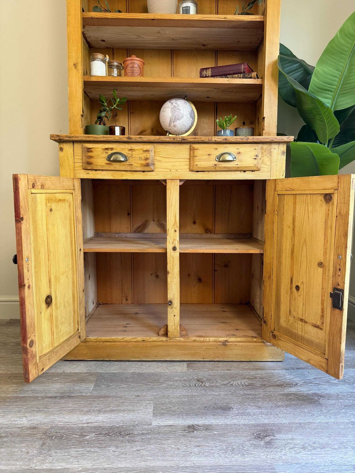 photo furniture Antique Pine Dresser Sideboard With Shelving And Drawers – Rustic Farmhouse Cabinet Pantry