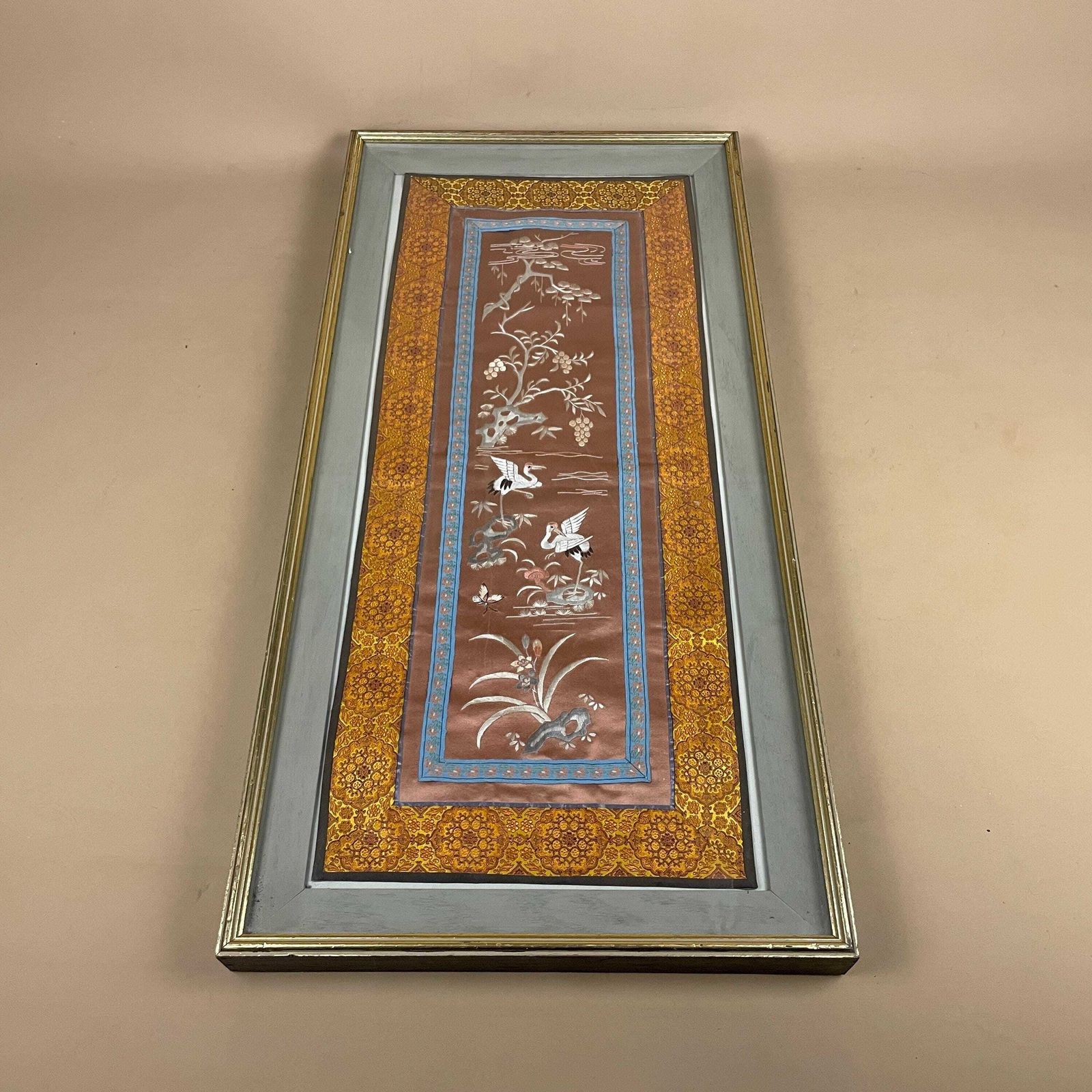 Oriental Japanese Embroidered Silk Picture Vintage Fabric Art Gold Wooden Frame Original Artwork Pink Floral Bird Orange Border