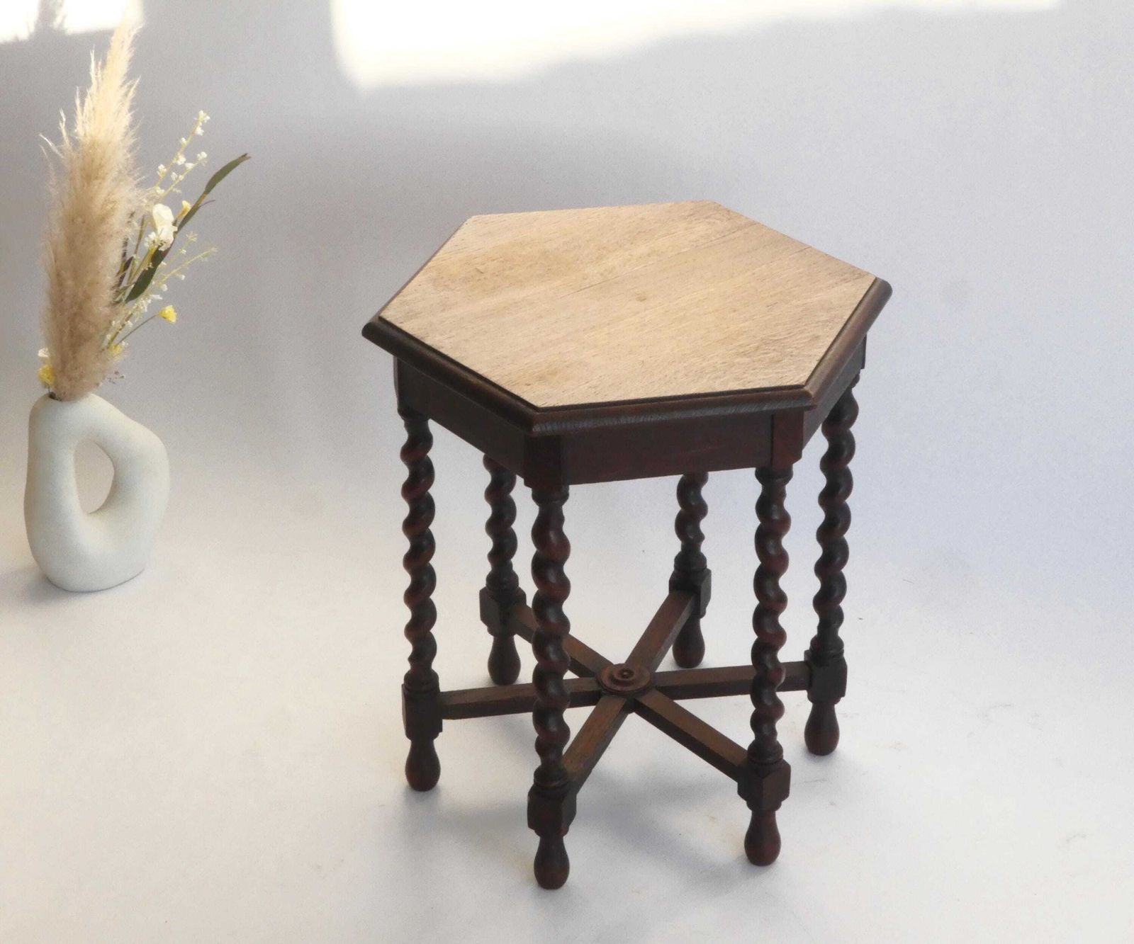 Hexagonal Antique Barley Twist Table, Wooden Plant Stand With Barley Twist, Farmhouse Decor photo Home Decor
