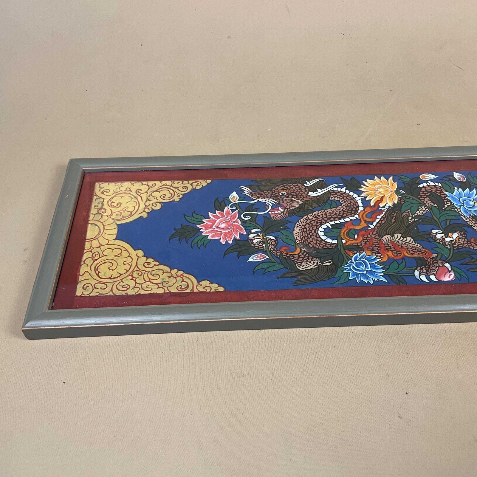 Hand Painted Dragon Picture Framed Paper Asian Wall Decor Blue Floral Chinese Style Oriental Art Artwork photo for sale