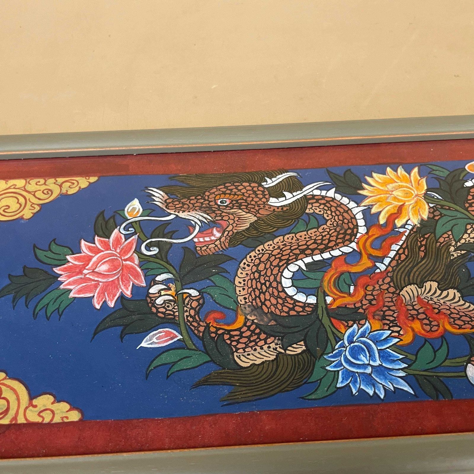 Hand Painted Dragon Picture Framed Paper Asian Wall Decor Blue Floral Chinese Style Oriental Art Artwork photo 85.0