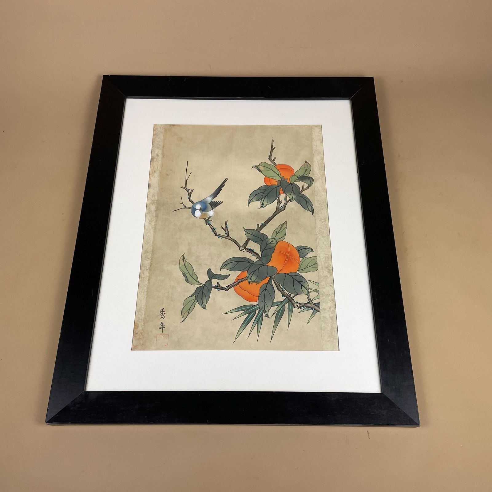 Silk Oriental Bird Picture Peach Blossom Wall Art Black Frame Vintage Asian Style Framed